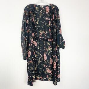 Pleione Kimono Womens‎ Medium Sheer Floral Long Pockets Roll Tab Sleeves Black M
